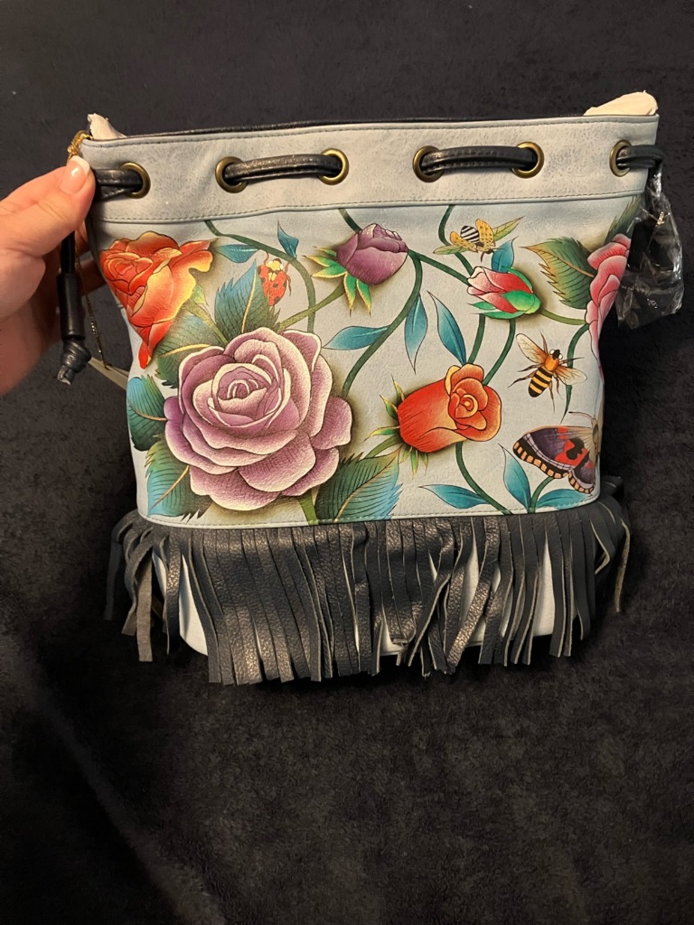 Anuschka Hand-Painted Floral Leather Crossbody Bucket Bag - Light Blue